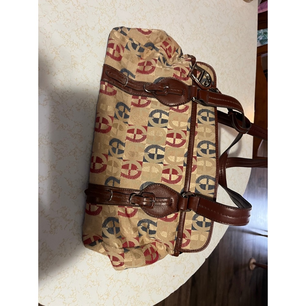 Etienne Aigner Monogram Jacquard Shoulder Bag Brown Tan Burgundy Satchel Purse